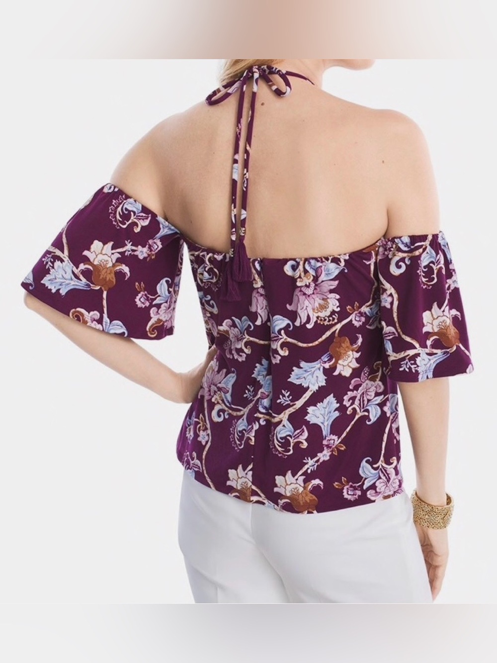 White House Black Market Plum Off-Shoulder Floral Blouse size 2 - Picture 2 of 13